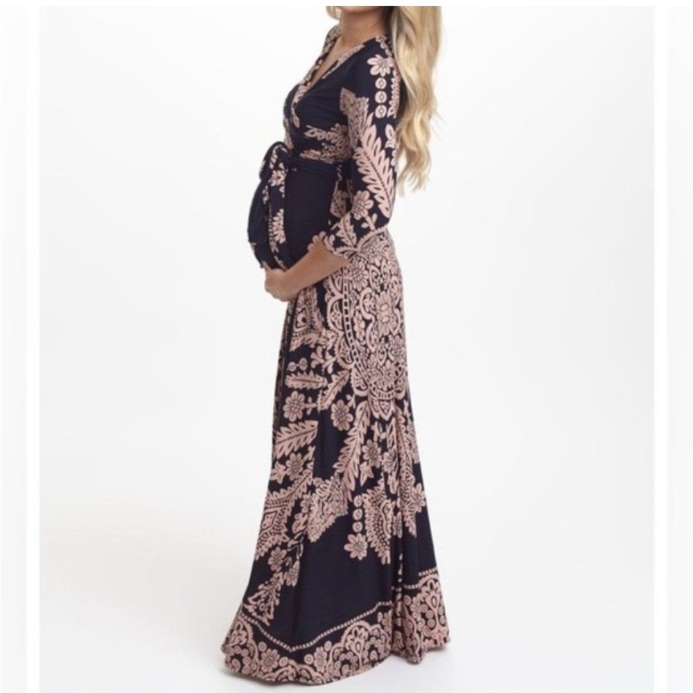 Pinkblush Maternity Maxi Dress Tie Waist Wrap Floral Navy Pink